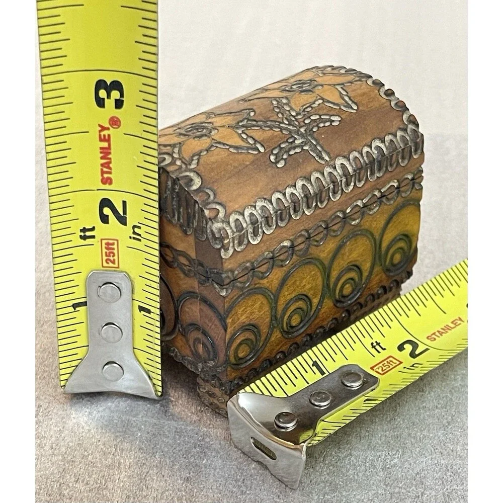 Vintage Floral Sunflower Daisy Miniature Trunk Trinket Box Hand Carved 2.5